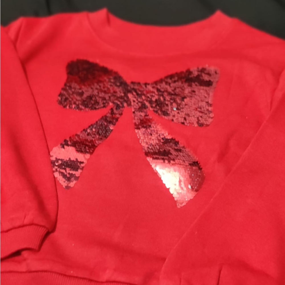 Red Bow Graphic Sweatshirt with Metallic Shine